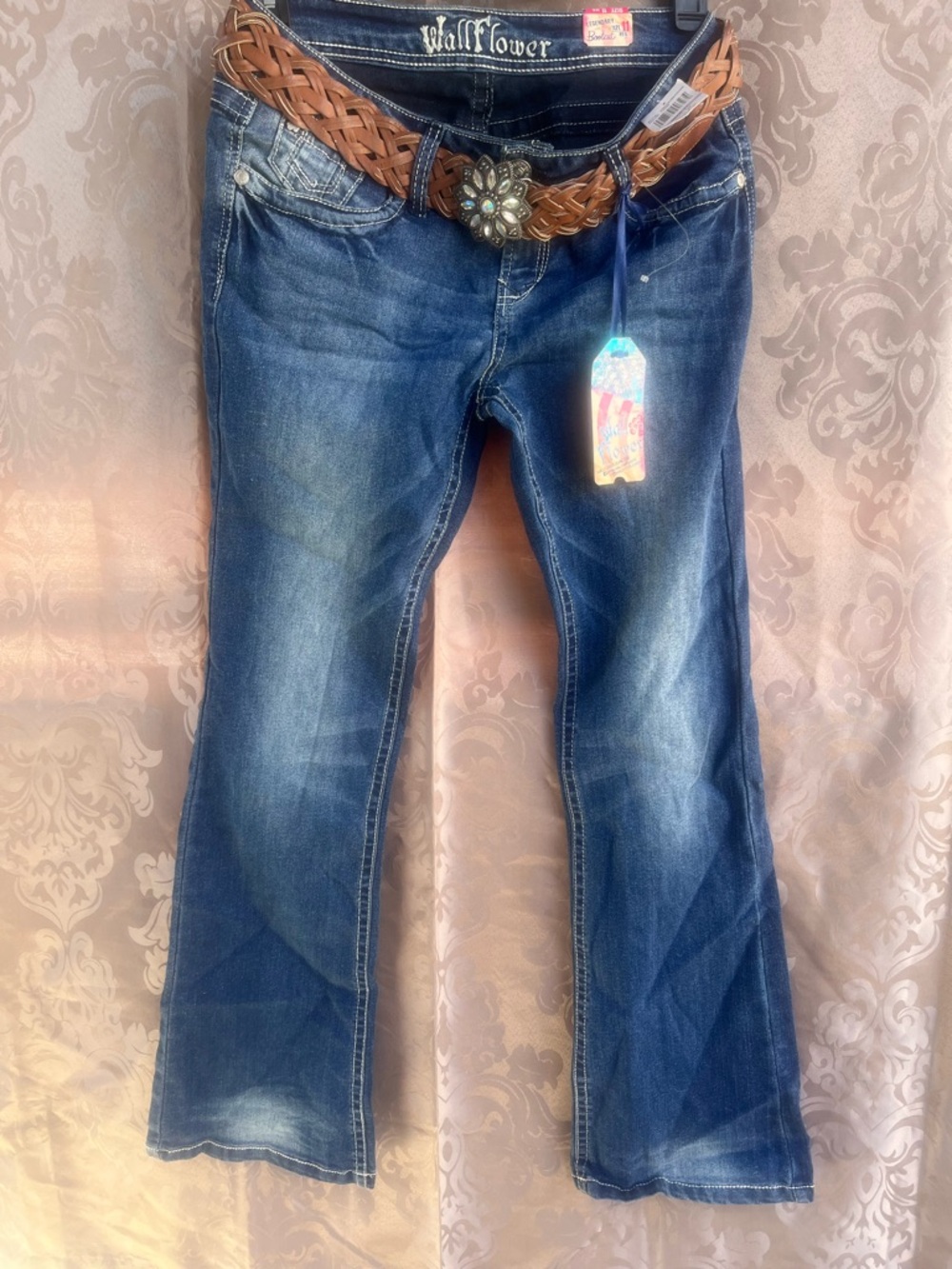 Wallflower Dark Blue Flare Jeans with Braided Brown Belt